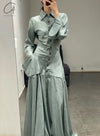 Mutedance 24 Autumn and Winter Button Lapel Long Sleeve Dress MD-MD24FW83-blue MD24FW82 MD24FW83